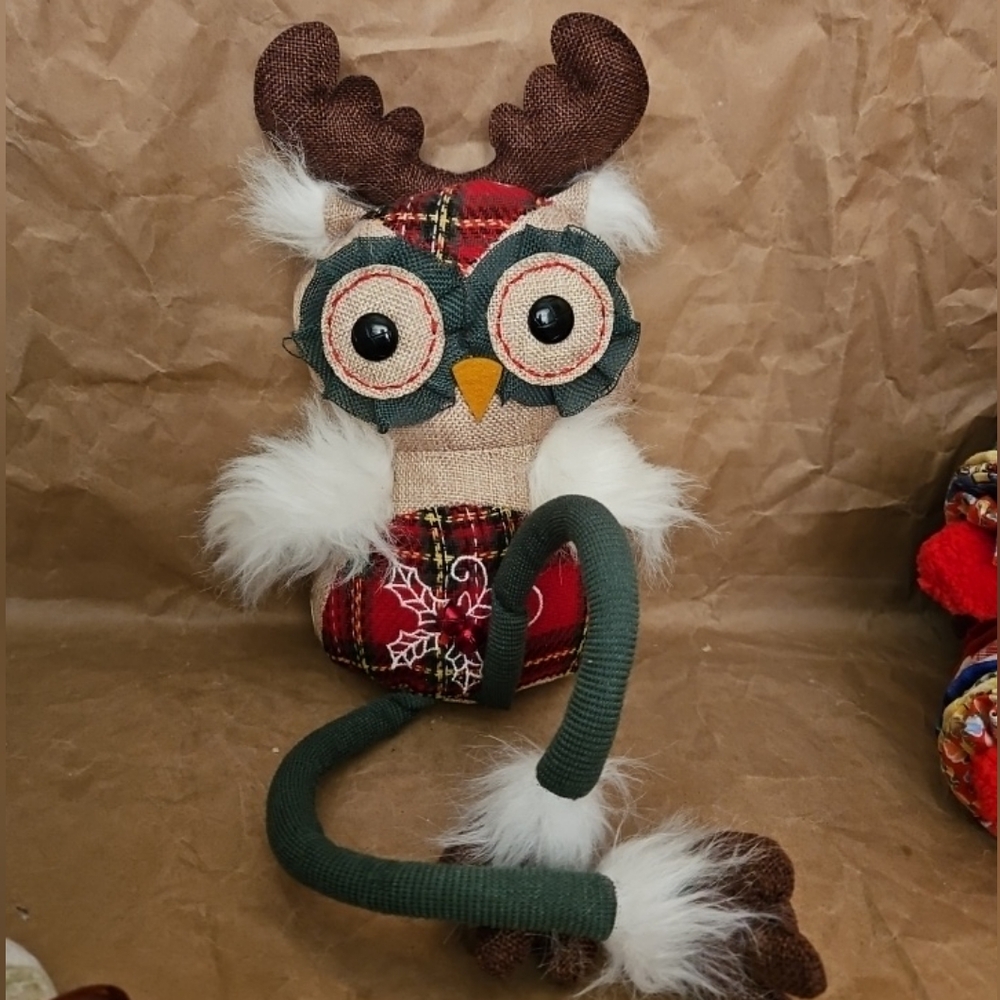 Pier 1 Imports Christmas Owl with Antlers Brown Soft Plush Shelf Sitter